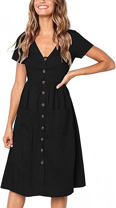 Angashion Women's Dresses-Short Sleeve V Neck Button Decoration T Shirt Midi Skater Dress | Amazon (US)