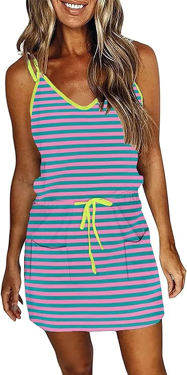 Women Summer Casual Striped Dress Sleeveless Halter Strap Flowy Boho Dress with Pockets | Amazon (US)