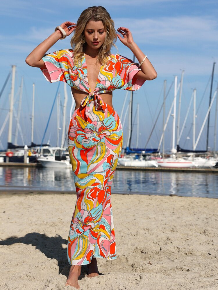 Floral Print Cut Out Tie Front Dolman Sleeve Mermaid Hem Dress | SHEIN