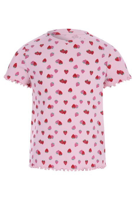 Younger Girls Pink Strawberry Print Ribbed Top | Peacocks