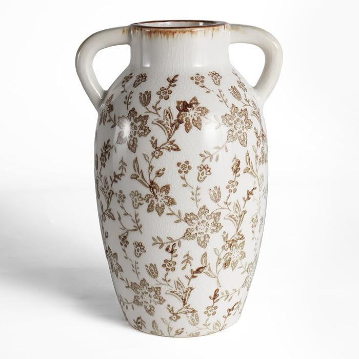 Vintage Brown Floral Vase with Handles, 9.45 Inch Ceramic Boho Decor | Amazon (US)