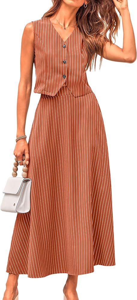 MASCOMODA Womens Fashion 2024 Spring Maxi Dress 2 Piece Outfits Blazer Crop Vest and Maxi Skirt S... | Amazon (US)