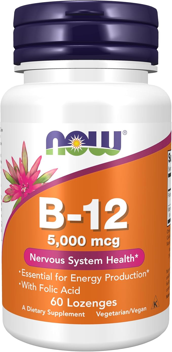 NOW Supplements, Vitamin B-12 5,000 mcg, With Folic Acid, Nervous System Health*, 60 Lozenges | Amazon (US)