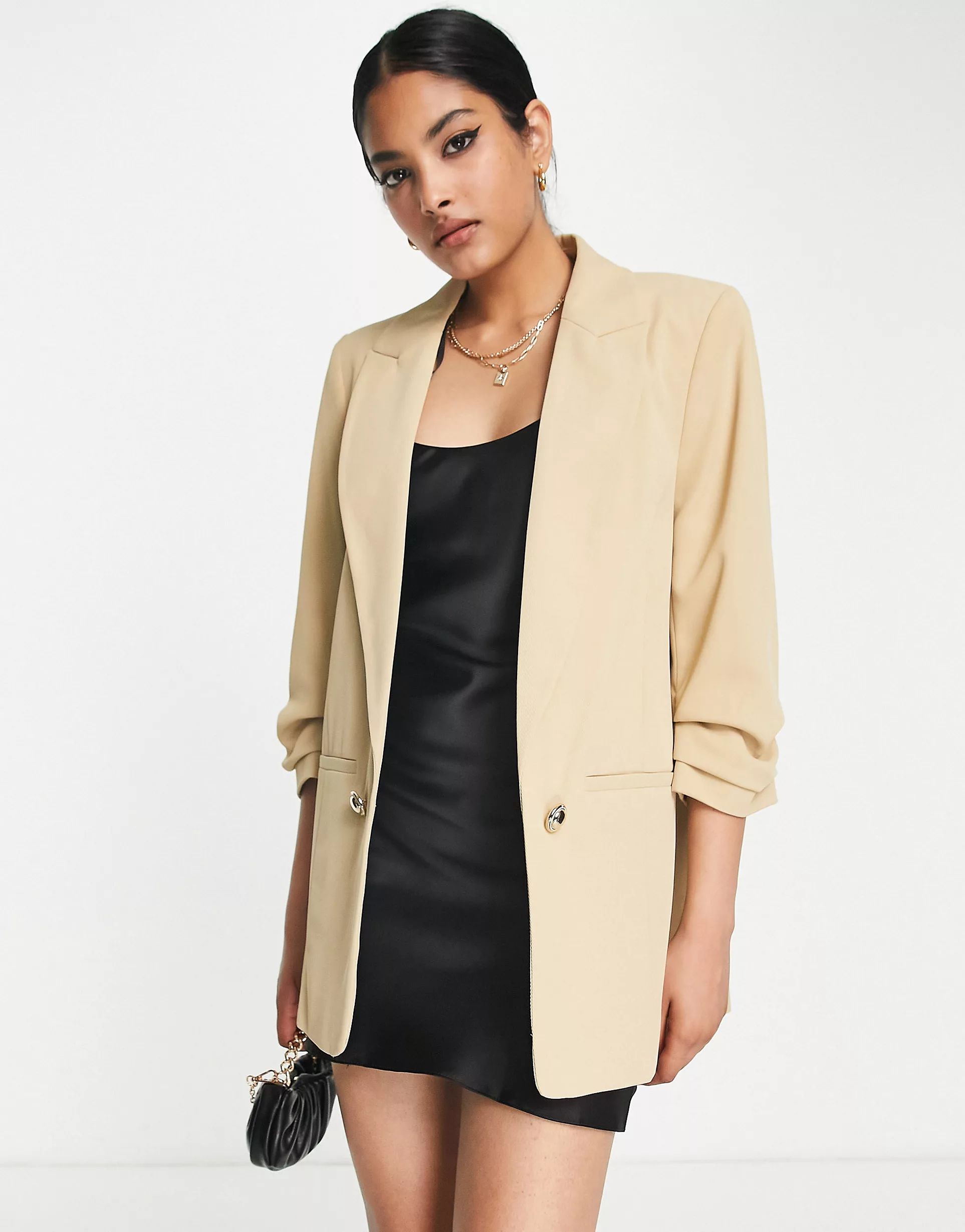 River Island pleated sleeve blazer in beige - part of a set | ASOS (Global)