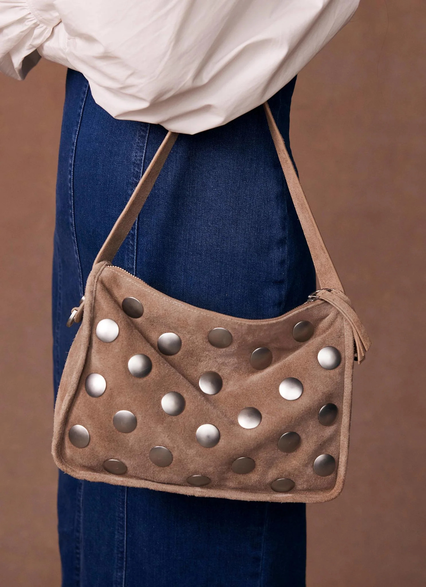 Neutral Suede Studded Shoulder Bag | Mint Velvet (US)
