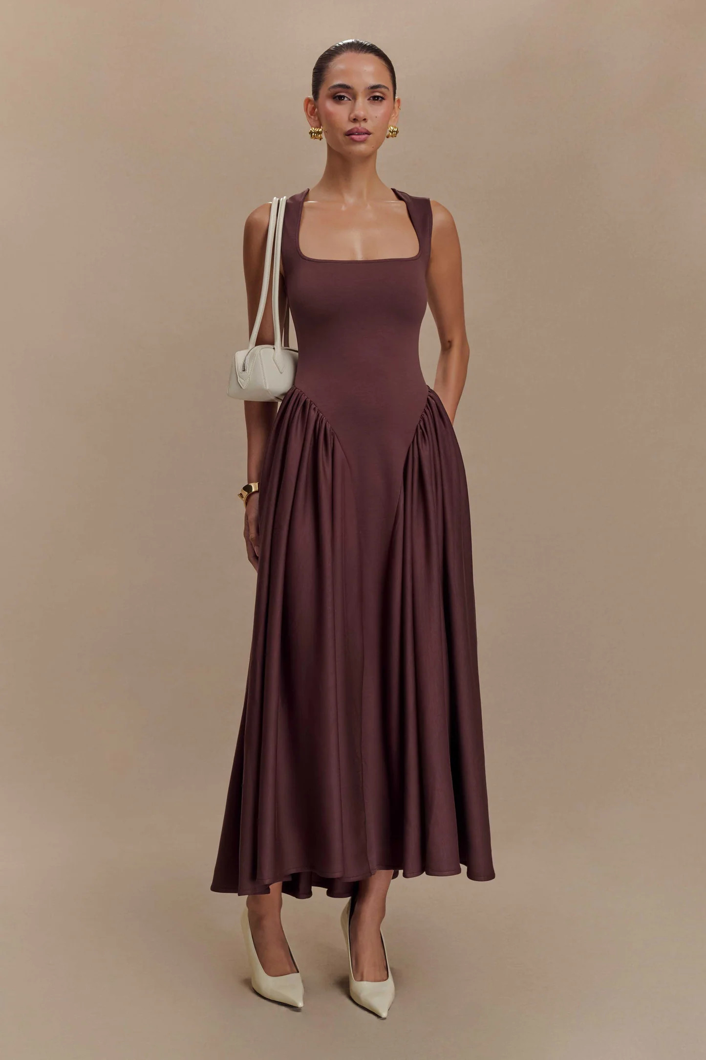 Sharon Scuba Jersey Midi Dress - Cacao Brown | MESHKI US