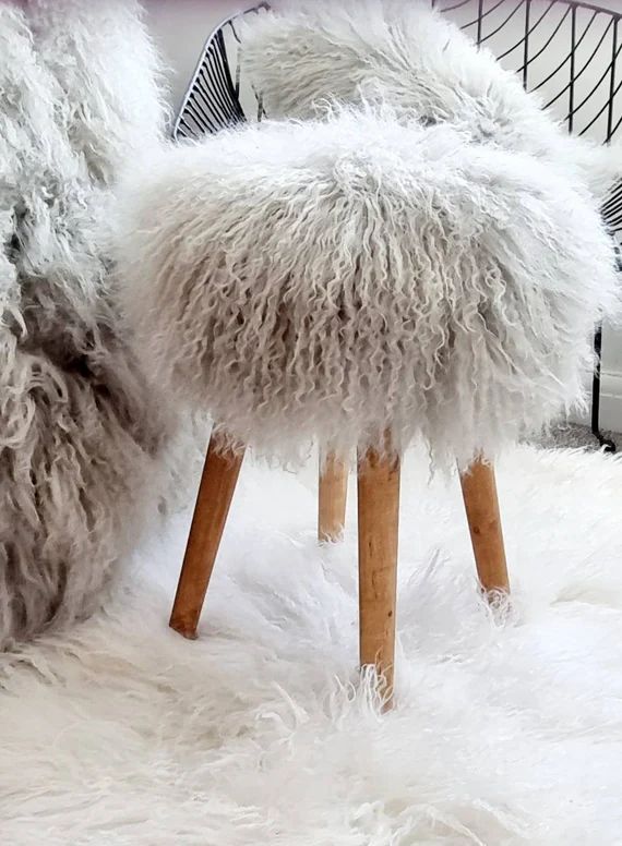 100% Mongolian Fur Stool With Wood Legs 50cm Choice of - Etsy | Etsy (US)