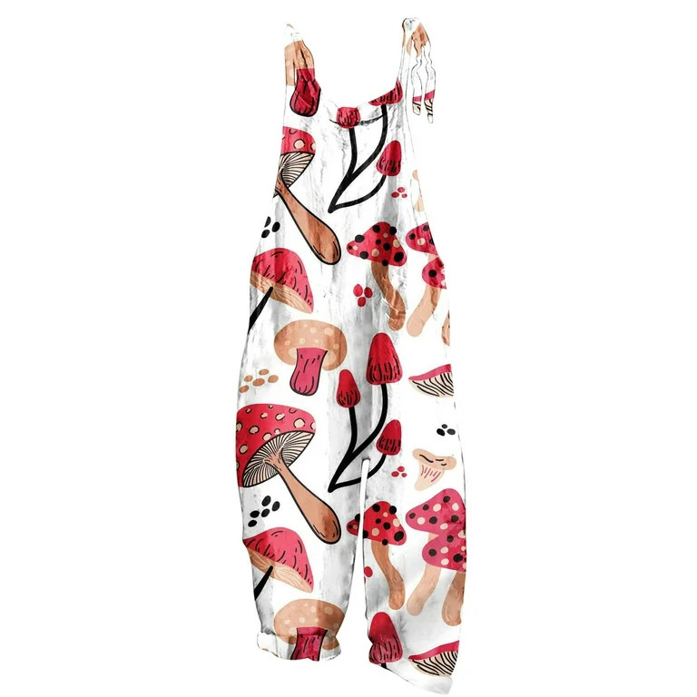 JWZUY Womens Hawaiian Mushroom Print Wide Leg Romper Cotton Linen Bib Overalls Casual Sleeve Spag... | Walmart (US)