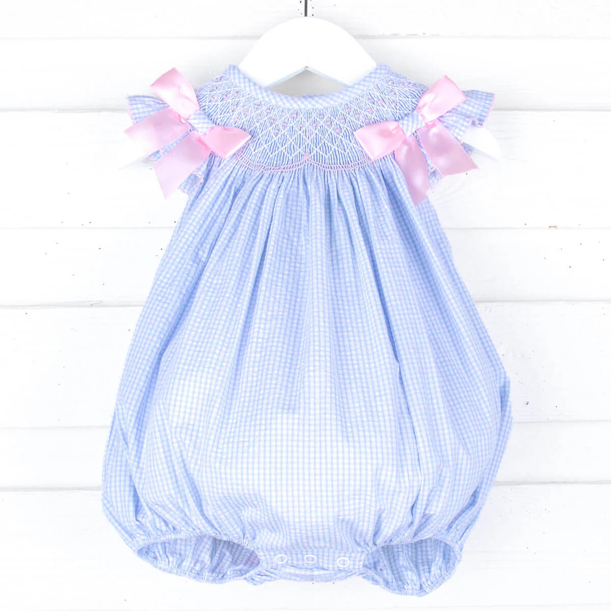 Spring In Blue Seersucker Smocked Bow Bubble | Classic Whimsy