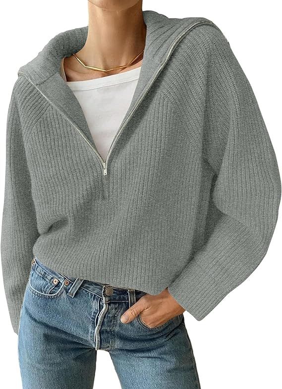 ZESICA Women's V Neck Sweaters 2024 Fall Long Sleeve Half Zipper Ribbed Knit Casual Oversized Pul... | Amazon (US)