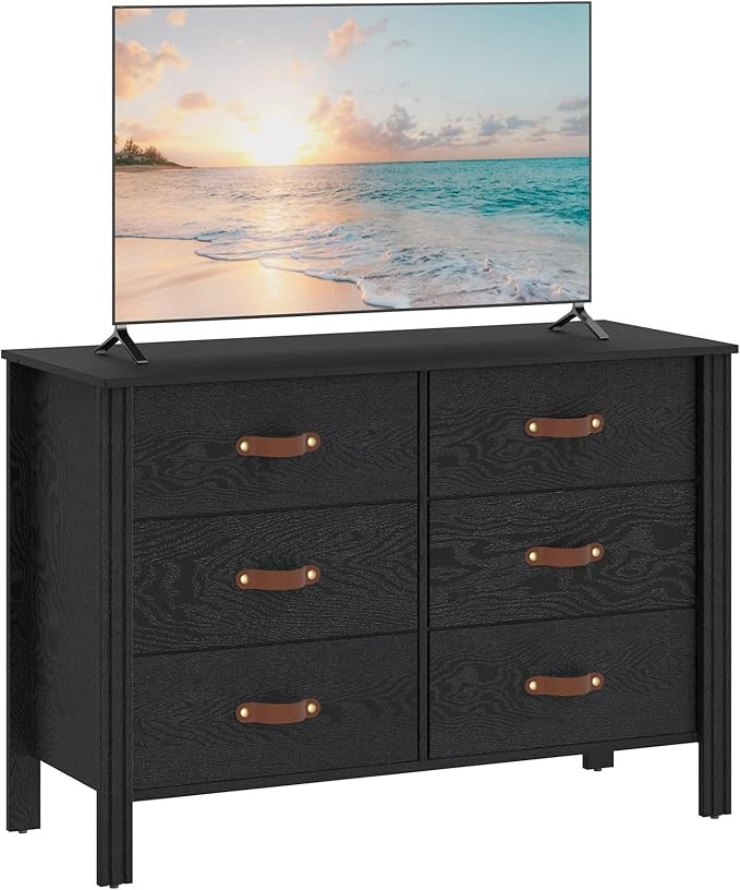 WAMPAT TV Stand for 43 Inch TV, Wood Entertainment Center with 6 Fabric Drawers, Black Dresser TV... | Amazon (US)
