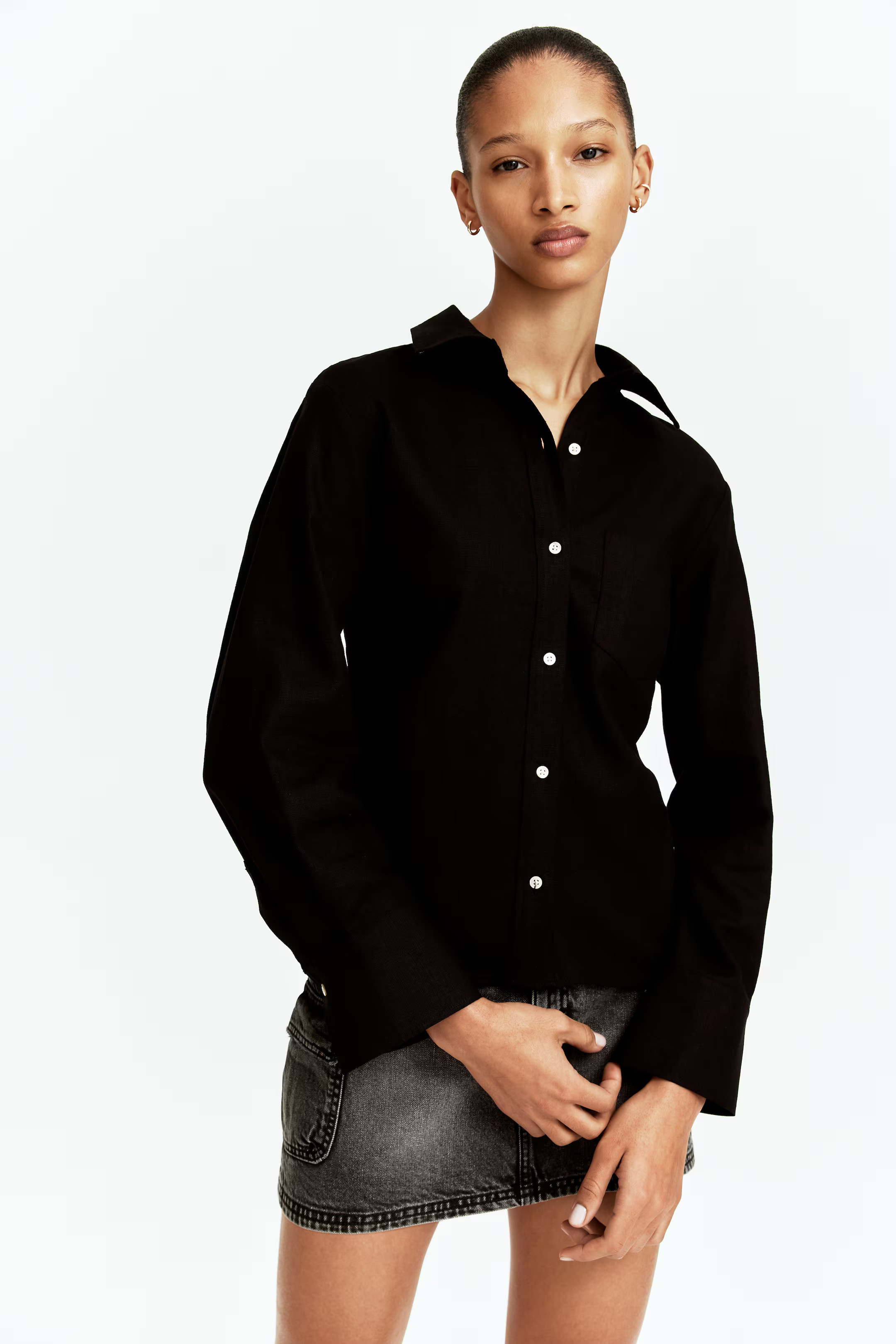 Gathered linen-blend shirt - Black - Ladies | H&M GB | H&M (UK, MY, IN, SG, PH, TW, HK)