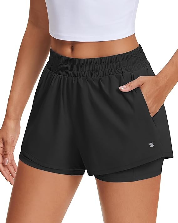 Stelle Women's 2 in 1 Running Shorts Athletic Workout Gym Shorts High Waisted Shorts with Liner Z... | Amazon (US)