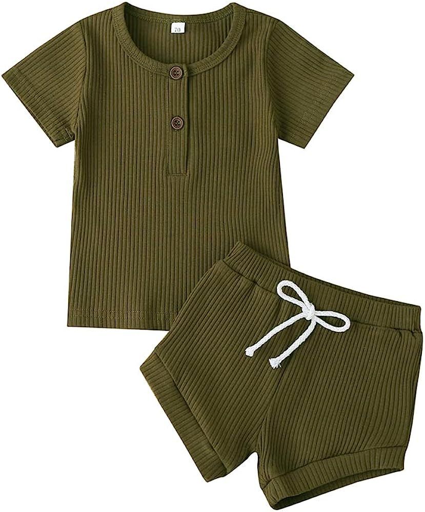 Baby Boy Girl Ribbed Set Newborn Short Sleeve Bodysuit Top Knit Shorts Summer Outfit Basic ... | Amazon (US)