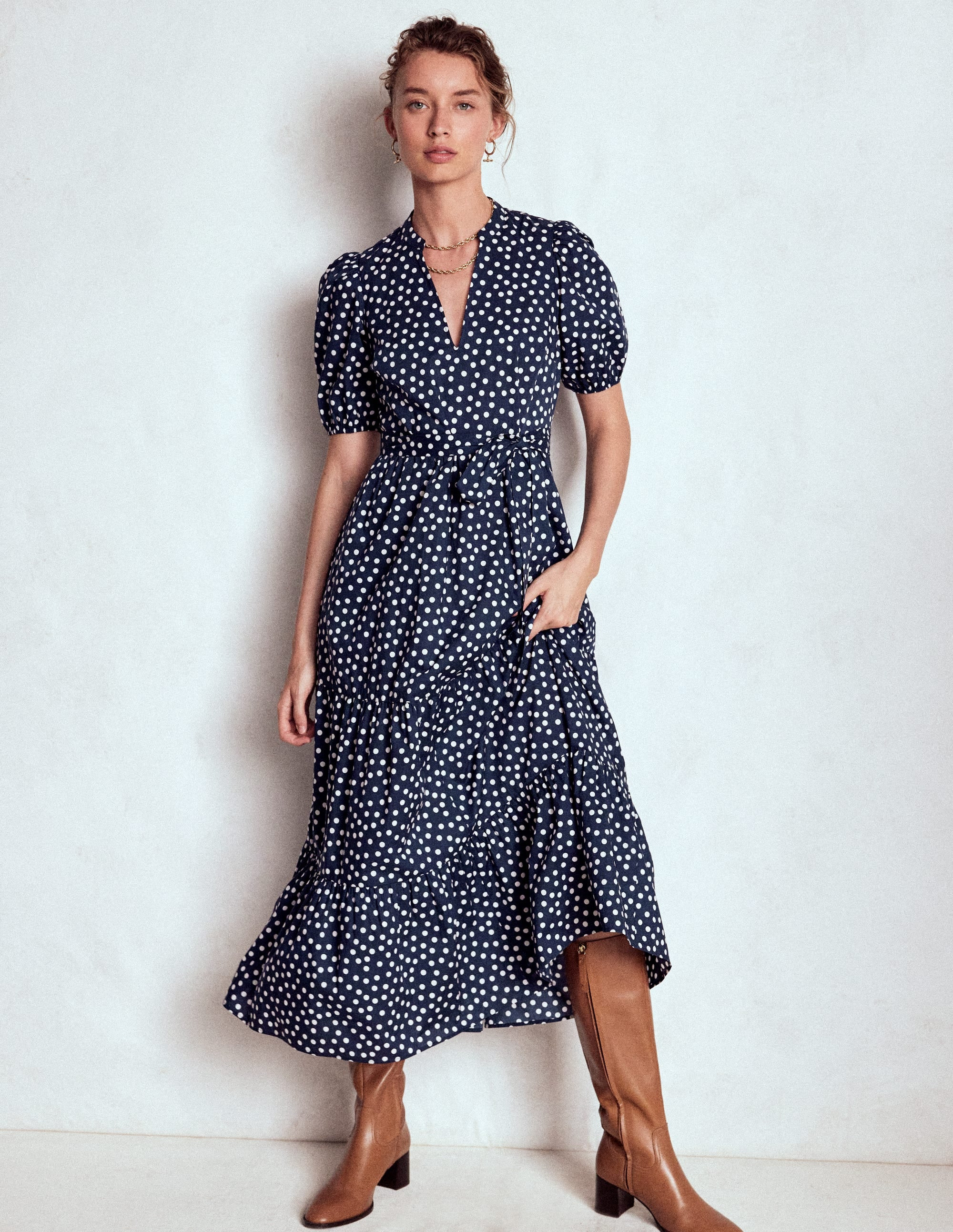 Christabel Cotton Midi Dress-French Navy, Painted Dot | Boden (US)