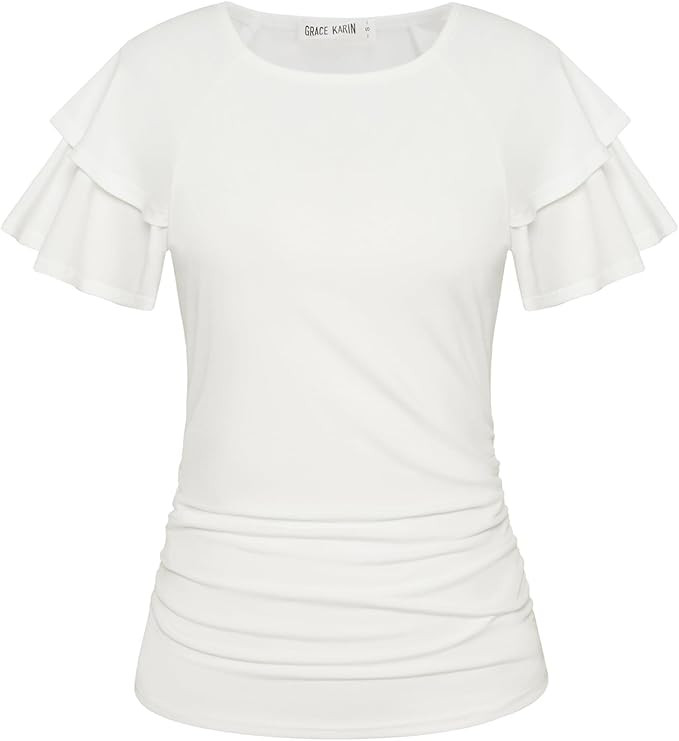 GRACE KARIN Summer Tops for Women Dressy Casual, Ruffle Short Sleeve Work Shirt, 2026 Spring Tren... | Amazon (US)