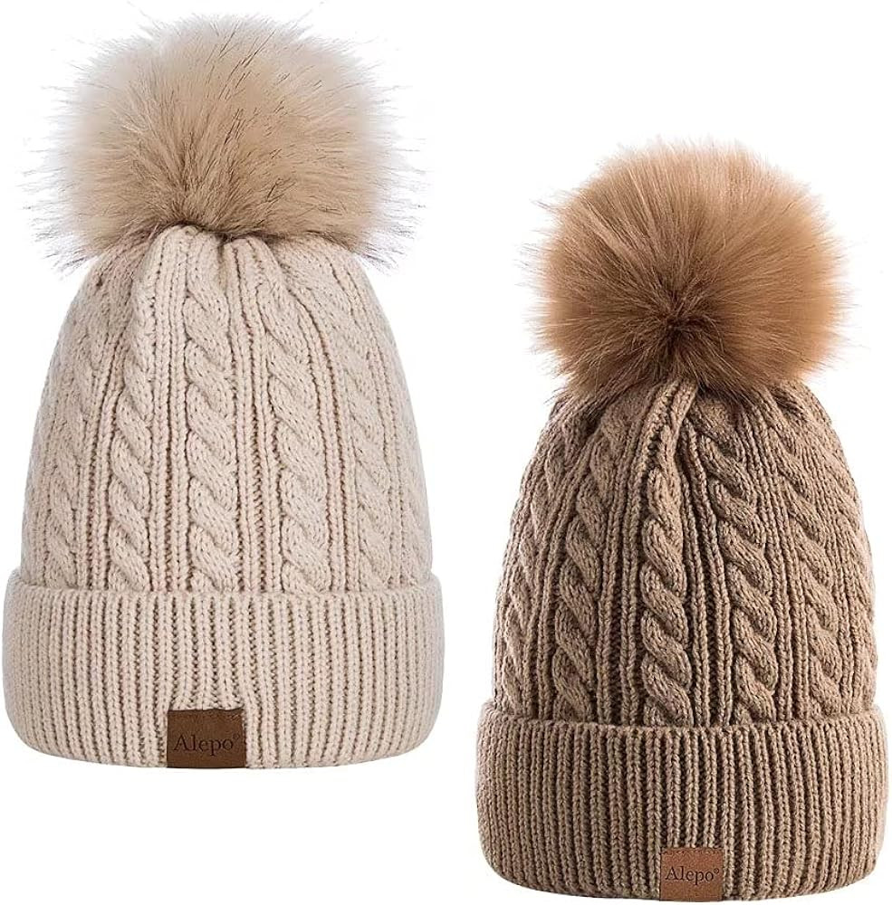 Alepo Womens Winter Beanie Hat, Warm Fleece Lined Knitted Soft Ski Cuff Cap with Pom Pom | Amazon (US)