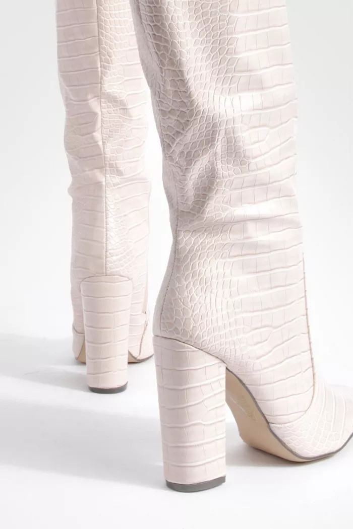 Croc Block Heel Knee High Boots | Boohoo.com (UK & IE)