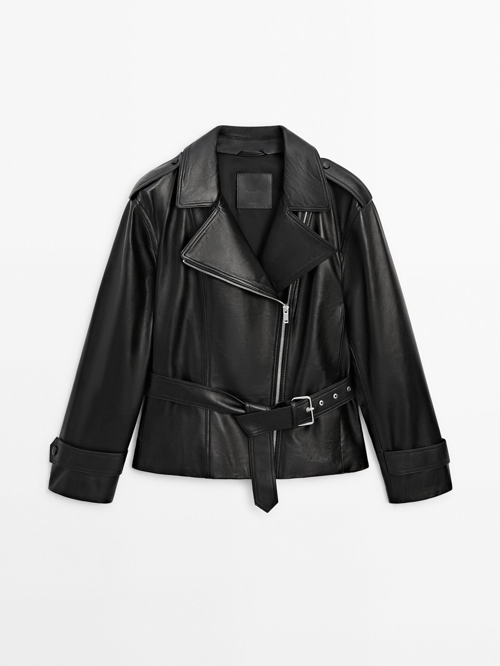 Schwarze Bikerjacke aus Nappaleder mit Gürtel | Massimo Dutti DE