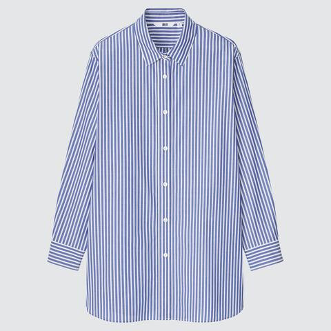 Women Cotton Striped Long Sleeved Longline Shirt | UNIQLO (UK)