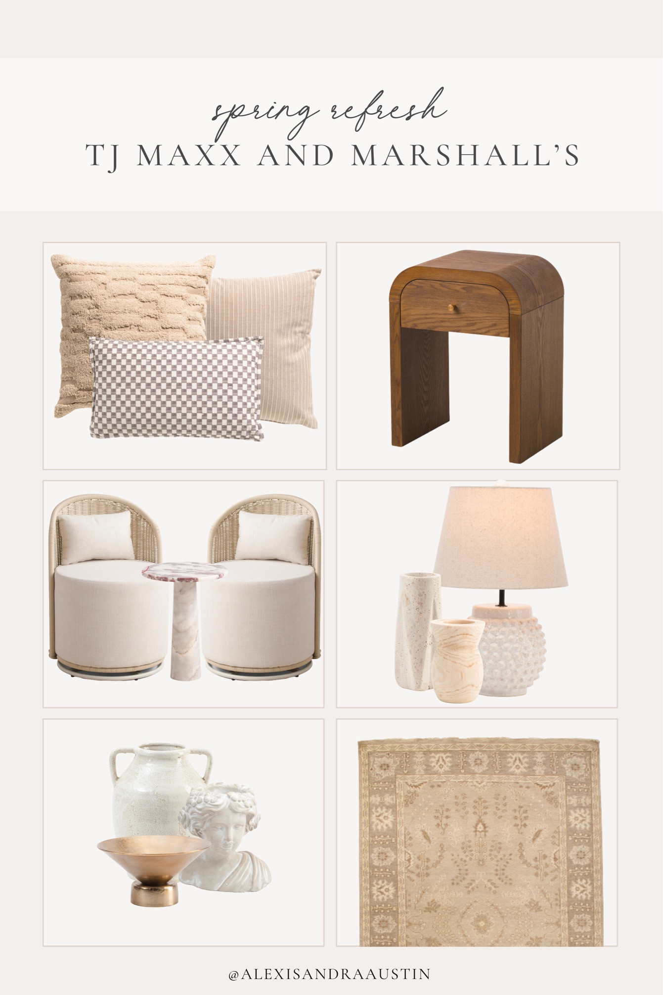 My favorite finds from TJ Maxx and Marshall’s for a spring refresh! Loving the neutral tones to compliment any spring style 

Home finds, spring refresh, living room refresh, light and bright, neutral home, throw pillow, neutral area rug, affordable finds, spring decor, nightstand faves, outdoor chair, marble table, marble table, Marshall’s, TJ Maxx, home style, shop the look!

#LTKSeasonal #LTKhome #LTKstyletip