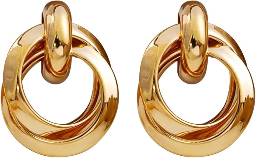14K Chunky Gold Earrings Gold Geometric Drop Dangle Earrings for Women Large Hoop Gold Statement ... | Amazon (US)