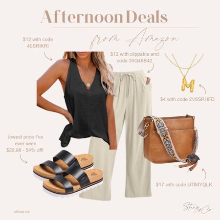 Everything in this image is on sale! Be sure to click the coupons and use the codes on the image to get the full discount. I’ve paired linen palazzo pants with a black tank, brown crossbody bag, an initial necklace, and Reef slides that are the lowest price I’ve ever seen them (54% off!). 

Ootd, summer outfit, date night, Amazon fashion, tall friendly outfit 

#LTKfindsunder50 #LTKstyletip #LTKsalealert