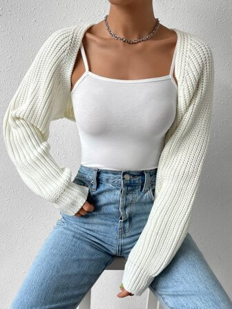 SHEIN EZwear Balletcore Ribbed Knit Raglan Sleeve Shrug Crop Cardigan Without Cami Top | SHEIN