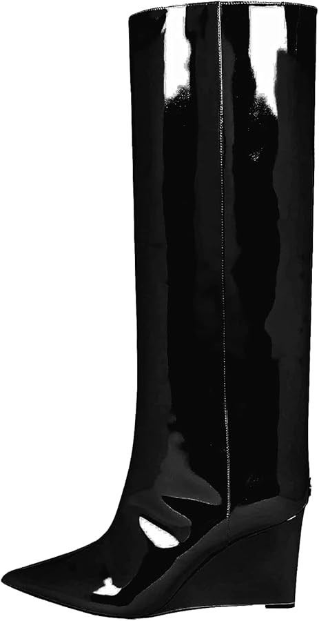THESHY Women‘s Pointed Toe Knee High Boot Wedge Metallic High Heel Thigh High Boot Patent Leath... | Amazon (US)