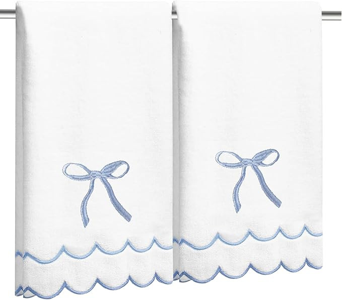 2 Pcs Coquette Bow Hand Towels 15.75 x 27.56 Inch Scalloped Embroidered Dish Towel 100% Cotton Cu... | Amazon (US)