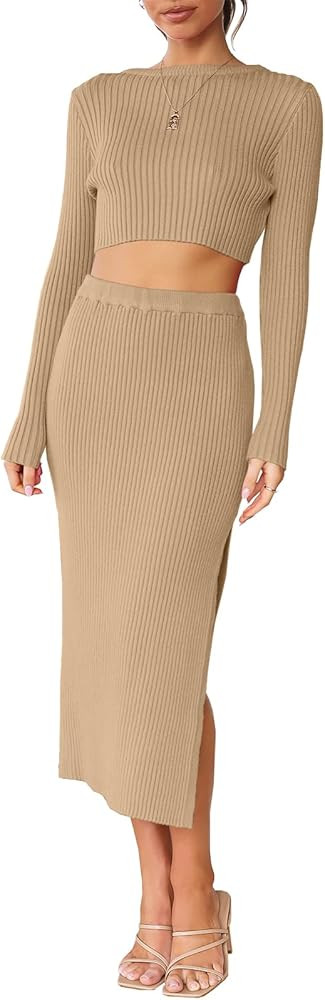 ANRABESS Women's 2 Piece Outfits Dress Long Sleeve Crop Sweater Top & Ribbed Midi Bodycon Skirt S... | Amazon (US)