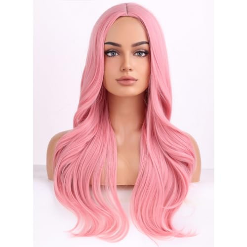 BERON Pink Wigs Long Wavy Wig for Women Natural Curly Pink Colorful Heat Resistant Synthetic Hair Wigs for Cosplay Party Daily or Use | Amazon (US)