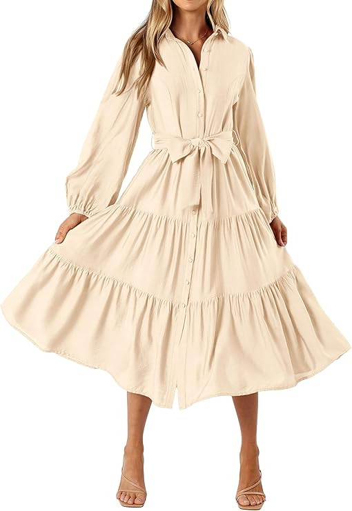 MASCOMODA Womens Dresses 2024 Fall Long Sleeve Midi Dress Casual V Neck Button Down Tiered Flowy ... | Amazon (US)