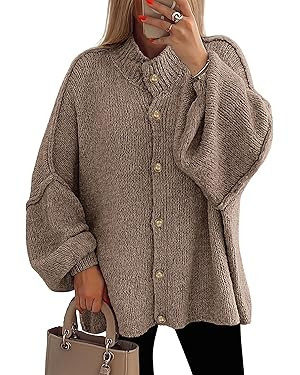 PRETTYGARDEN Women's Winter Button Down Cardigan Sweaters Mock Neck Lantern Long Sleeve Chunky Kn... | Amazon (US)