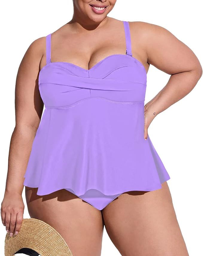 Sovoyontee Women Plus Size Tankini Swimsuit Two Piece Flowy Ruffle Bathing Suits Tummy Control Sw... | Amazon (US)
