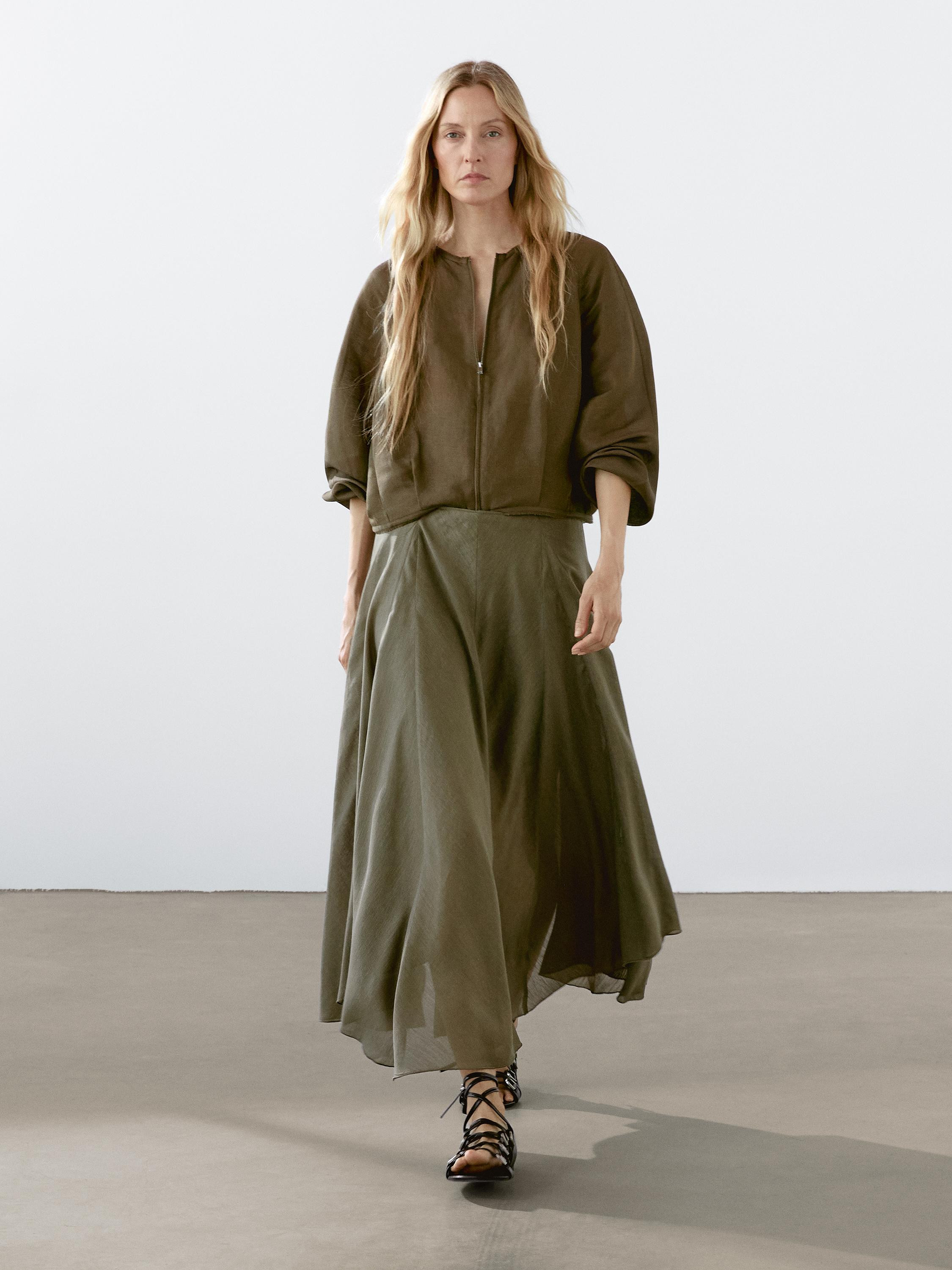 Flounce linen blend midi skirt | Massimo Dutti US