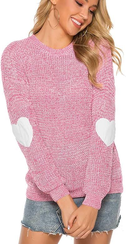 Women's Crewneck Long Sleeve Thin Knitted Patchwork Cute Heart Sweater | Amazon (US)