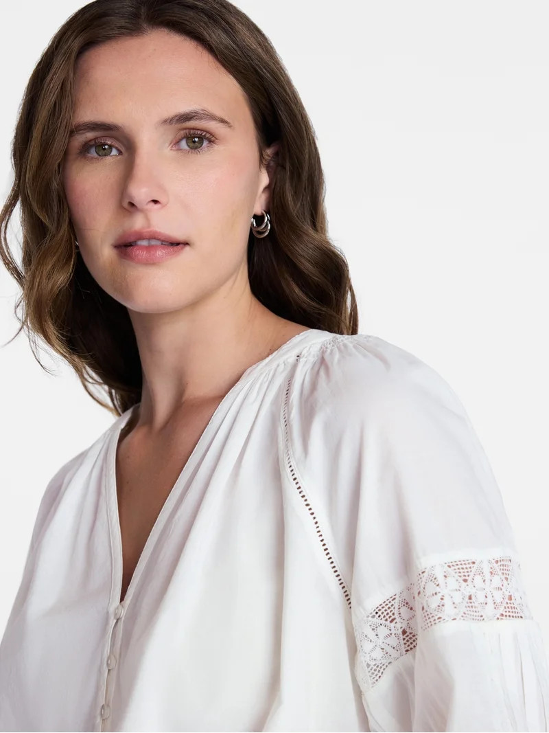 Time and True Women's Lace Trim Cotton Top with Bishop Sleeves, Sizes XS-XXL | Walmart (US)