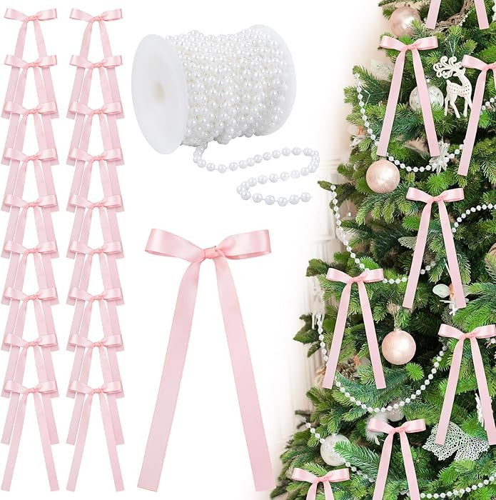 Jutom 24 Pcs Pink Satin Bows Christmas Tree Decorations Vintage Christmas Decor Premade Bows with... | Amazon (US)