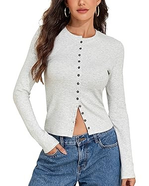 PrettyGuide Women's Y2K Long Sleeve Shirts Slim Fit Ribbed Cotton Cropped Top Button Down Dressy ... | Amazon (US)
