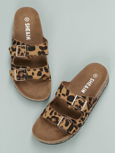 Twin Buckles Cork Footbed Leopard Slides | SHEIN