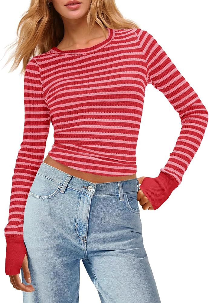 Panadila Womens Striped Long Sleeve Shirts Crewneck Waffle Knit Tops Casual Fitted T Shirts Fall ... | Amazon (US)