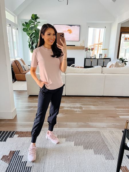 athleisure outfit with the best joggers from the Nordstrom anniversary sale. wearing size XS and love how they are so flattering and lightweight. Pairing with blush and taupe Nike sneakers and a Pima cotton tee  

#LTKxNSale #LTKshoecrush #LTKsalealert