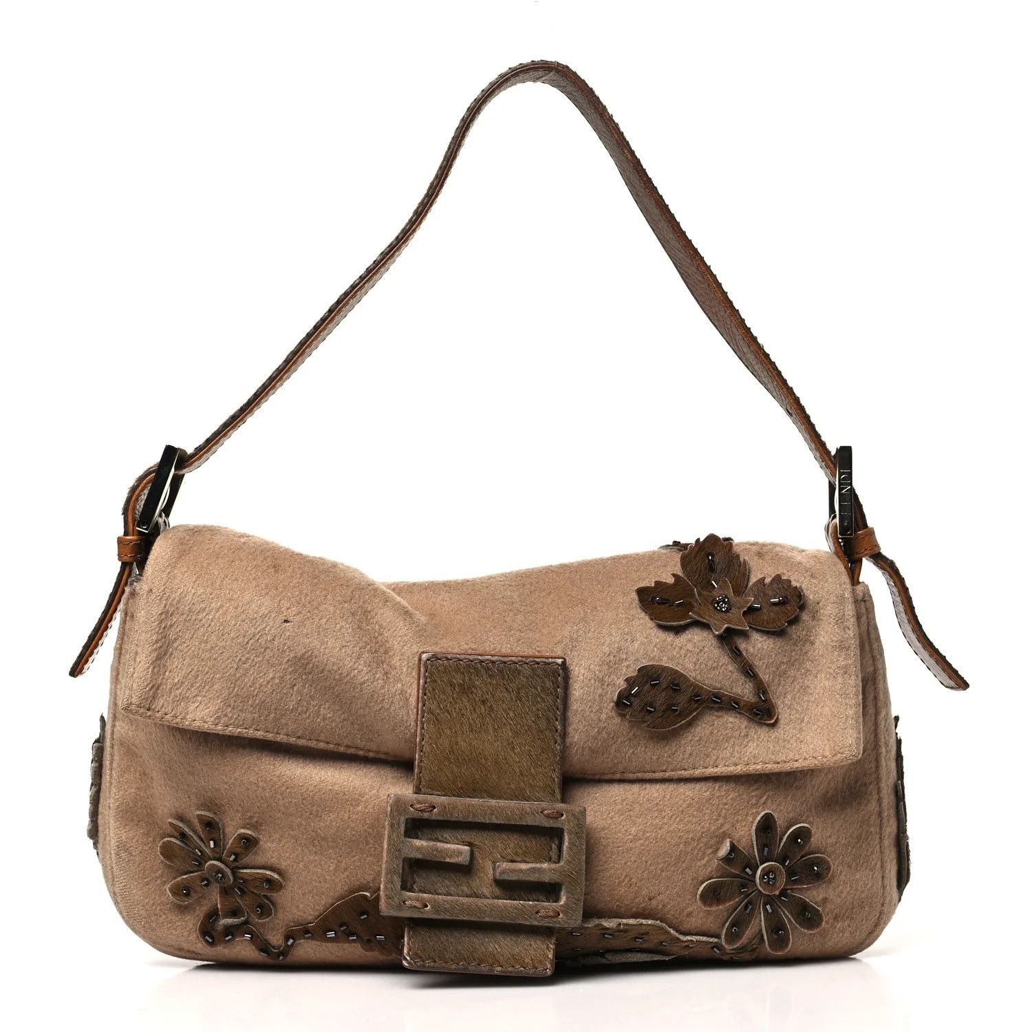 Wool Pony Hair Flower Applique Baguette Brown | FASHIONPHILE (US)