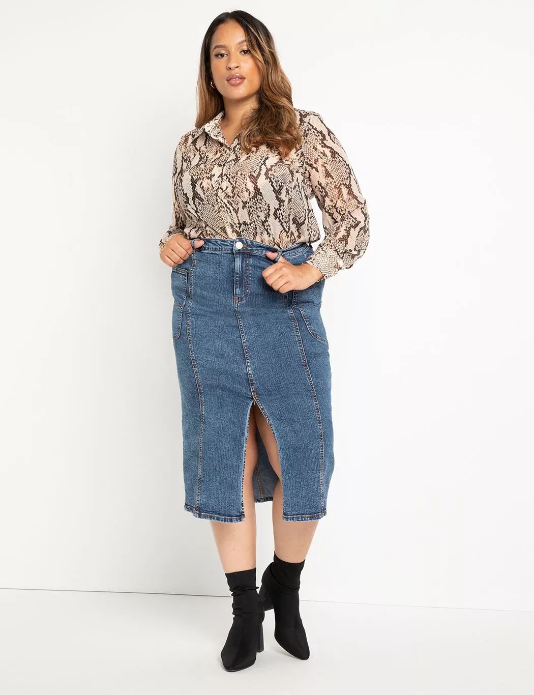 Denim Midi Skirt With Patch Pocket | Eloquii