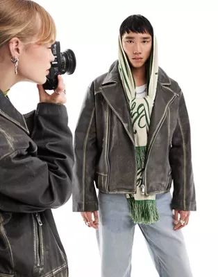 Reclaimed Vintage unisex washed leather biker jacket | ASOS | ASOS (Global)