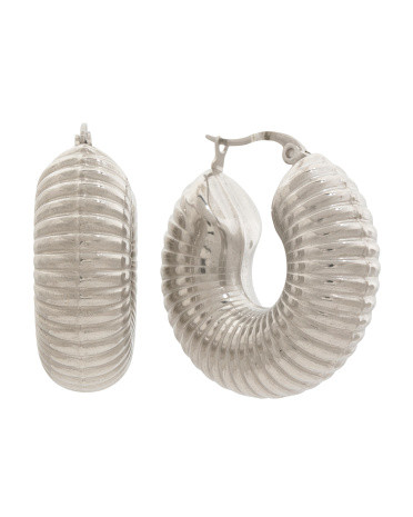 Silver Plated Waterproof Ridge Hoop Earrings | TJ Maxx
