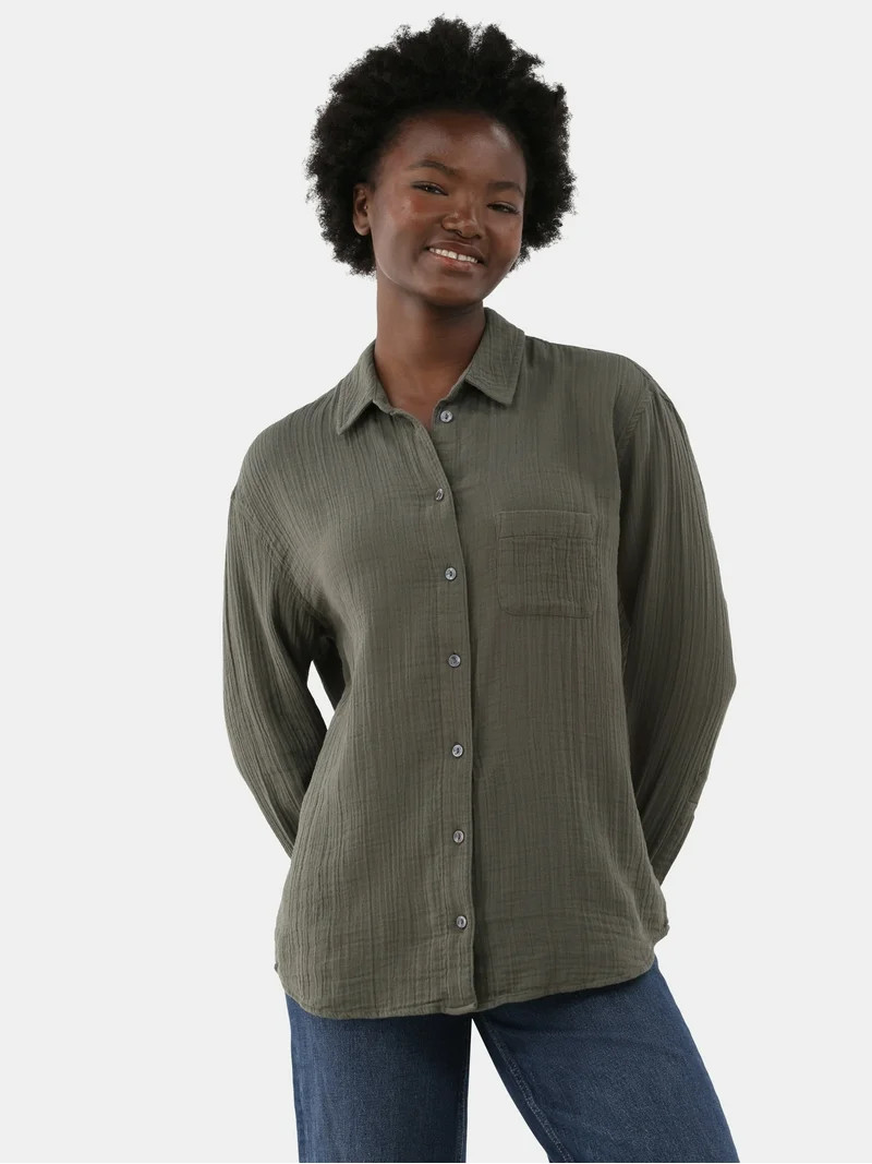 Time and Tru Women's Double Cloth Cotton Shirt with Long Sleeves, Sizes XS-XXXL | Walmart (US)