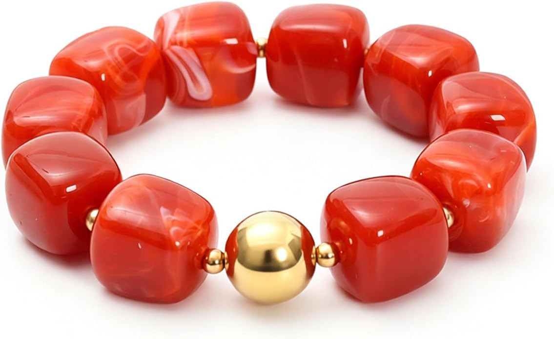 Chunky Cube Beaded Stretch Bracelet for Women Marble Pattern Acrylic Elastic Bangle with Gold Bea... | Amazon (US)