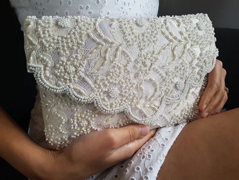 Floral Lace Bridal Clutch Pretty Ivory Beaded Wedding Bag - Etsy | Etsy (US)